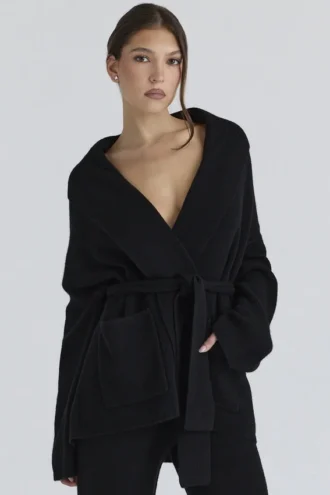 Madison Black Pure Wool Draped Front Cardigan