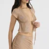 Maia Shimmer Cafe Au Lait Tie Front Top
