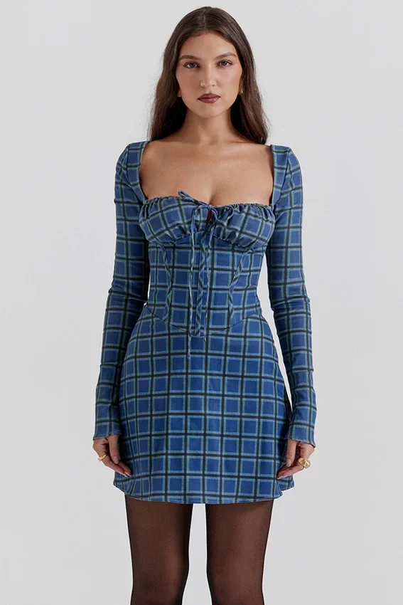 Malika Blue Tartan Corset Mini Dress Malika Blue Tartan Corset Mini Dress