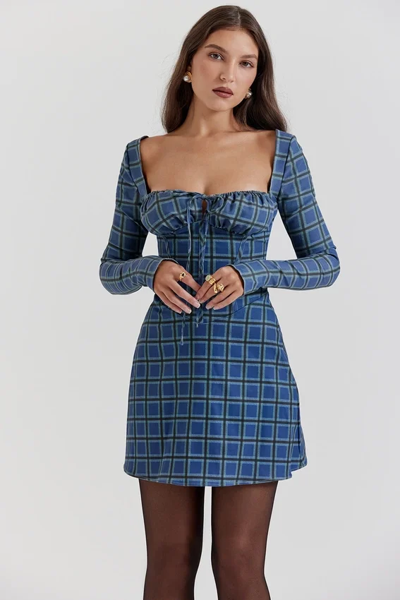 Malika Blue Tartan Corset Mini Dress Malika Blue Tartan Corset Mini Dress