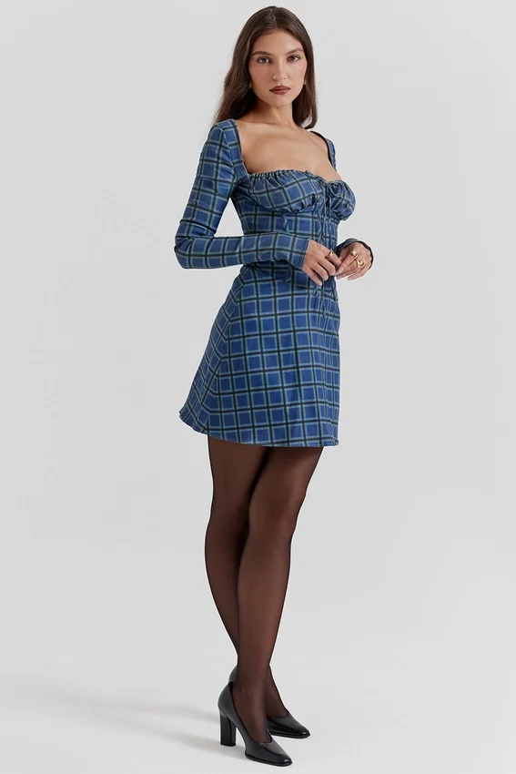 Malika Blue Tartan Corset Mini Dress Malika Blue Tartan Corset Mini Dress