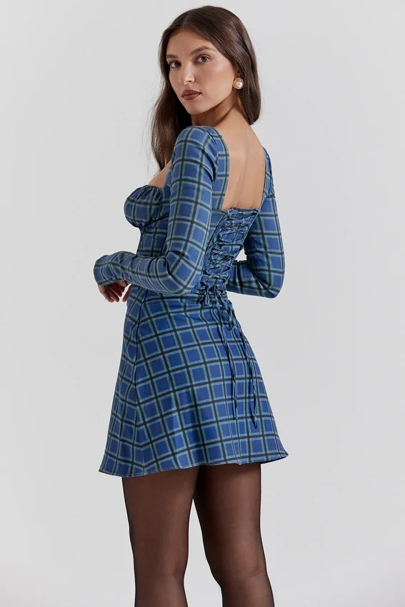 Malika Blue Tartan Corset Mini Dress Malika Blue Tartan Corset Mini Dress