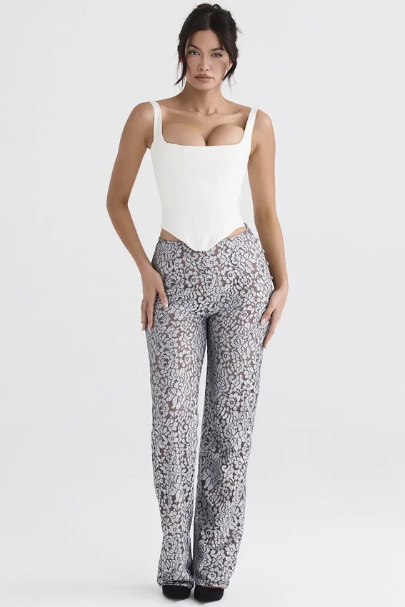Mara Silver Metallic Lace Trousers Mara Silver Metallic Lace Trousers