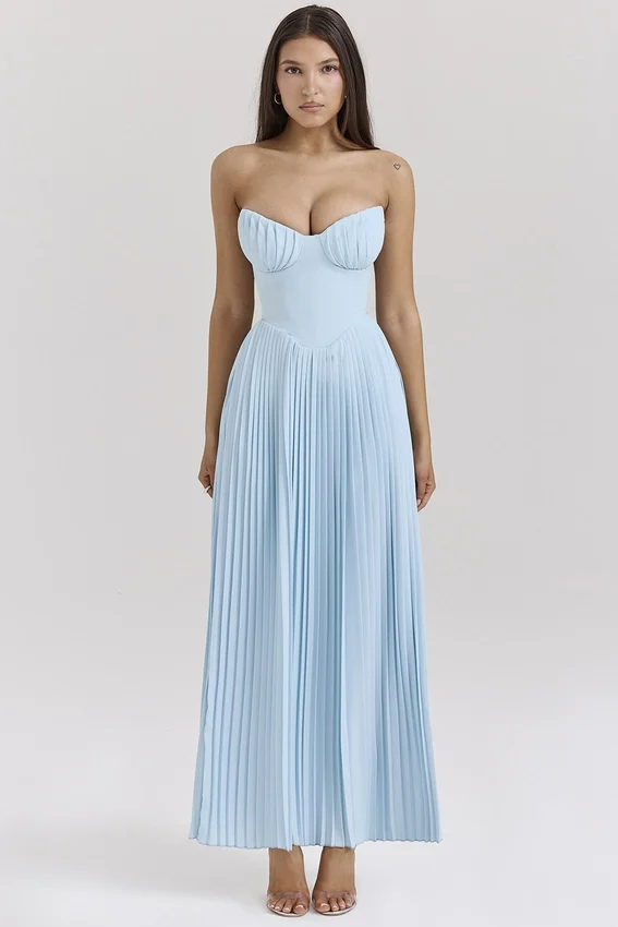 Marcella Ocean Blue Pleated Maxi Dress Marcella Ocean Blue Pleated Maxi Dress