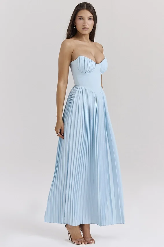 Marcella Ocean Blue Pleated Maxi Dress Marcella Ocean Blue Pleated Maxi Dress