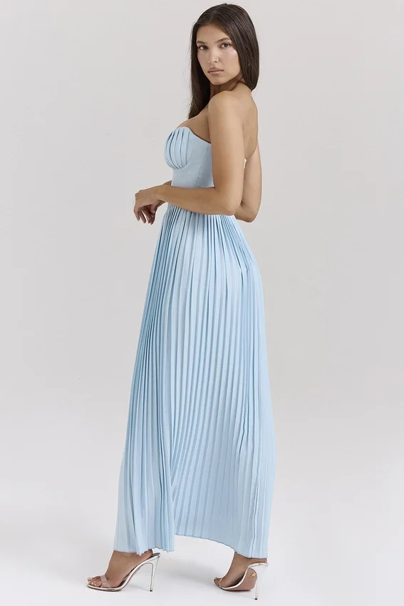 Marcella Ocean Blue Pleated Maxi Dress Marcella Ocean Blue Pleated Maxi Dress