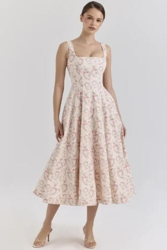 Mariabella Cream Floral Print Cotton Midi Sun Dress