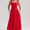Mariabella Red Stretch Cotton Midi Sundress Mariabella Red Stretch Cotton Midi Sundress