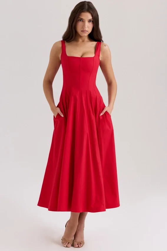Mariabella Red Stretch Cotton Midi Sundress Mariabella Red Stretch Cotton Midi Sundress