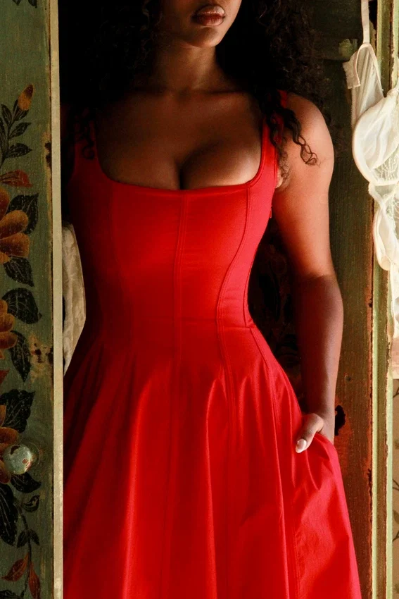 Mariabella Red Stretch Cotton Midi Sundress Mariabella Red Stretch Cotton Midi Sundress