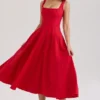 Mariabella Red Stretch Cotton Midi Sundress Mariabella Red Stretch Cotton Midi Sundress