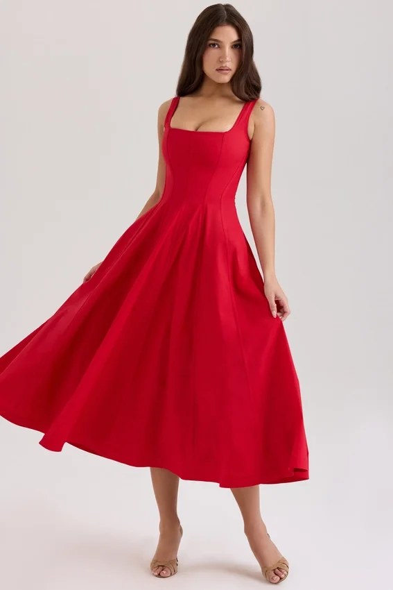 Mariabella Red Stretch Cotton Midi Sundress Mariabella Red Stretch Cotton Midi Sundress