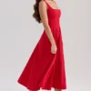 Mariabella Red Stretch Cotton Midi Sundress Mariabella Red Stretch Cotton Midi Sundress