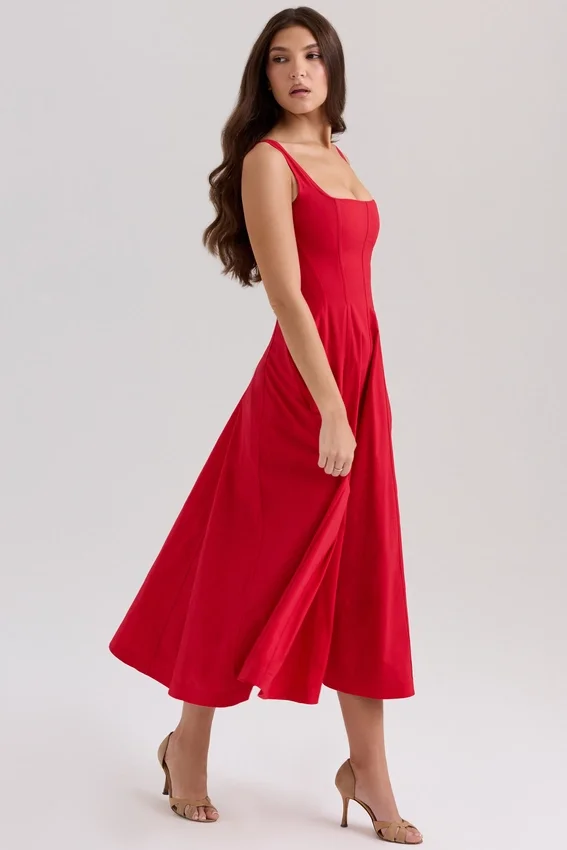 Mariabella Red Stretch Cotton Midi Sundress Mariabella Red Stretch Cotton Midi Sundress