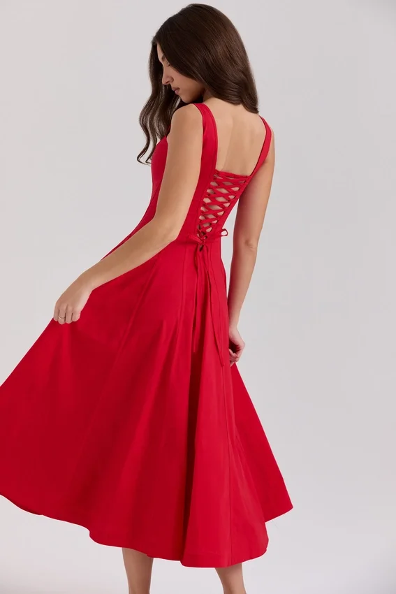 Mariabella Red Stretch Cotton Midi Sundress Mariabella Red Stretch Cotton Midi Sundress
