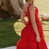 Mariabella Red Stretch Cotton Midi Sundress Mariabella Red Stretch Cotton Midi Sundress