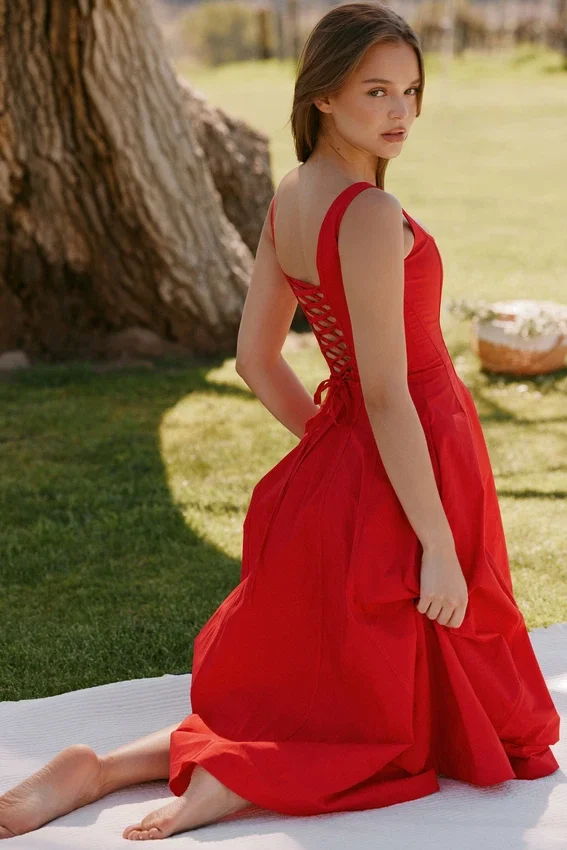 Mariabella Red Stretch Cotton Midi Sundress Mariabella Red Stretch Cotton Midi Sundress
