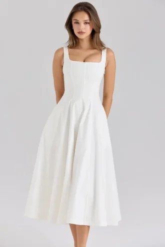 Mariabella White Stretch Cotton Midi Sundress Mariabella White Stretch Cotton Midi Sundress