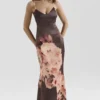 Mariamma Dark Brown Floral Printed Satin Maxi Dress