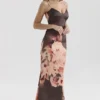 Mariamma Dark Brown Floral Printed Satin Maxi Dress