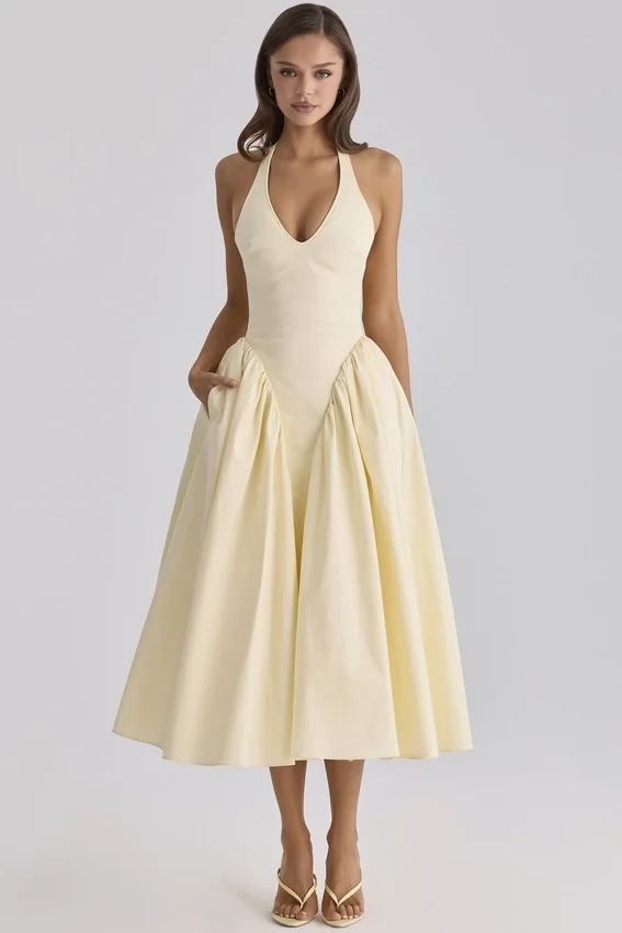 Marilyn Lemon Cotton Halter Neck Midi Sundress Marilyn Lemon Cotton Halter Neck Midi Sundress