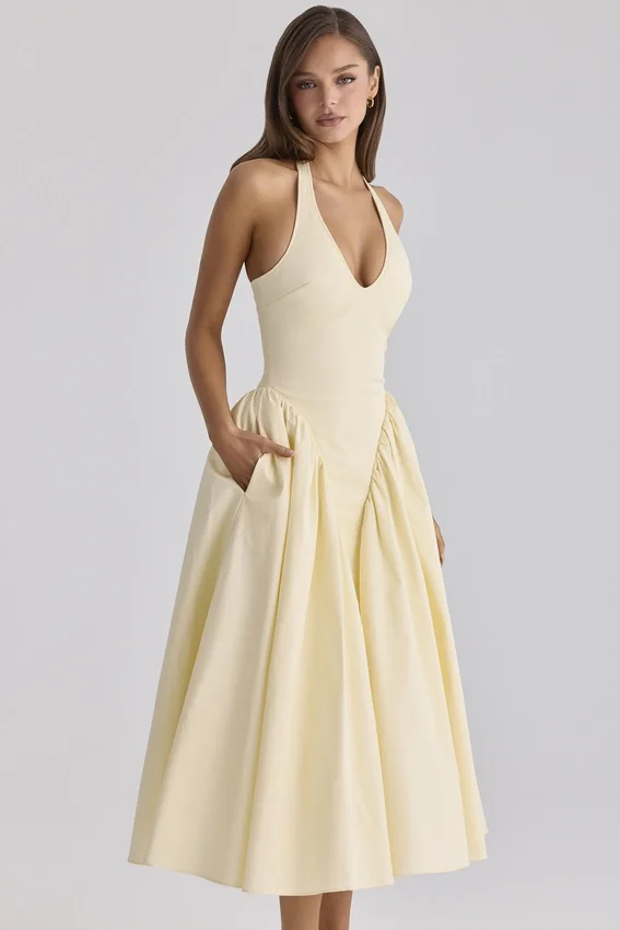Marilyn Lemon Cotton Halter Neck Midi Sundress Marilyn Lemon Cotton Halter Neck Midi Sundress