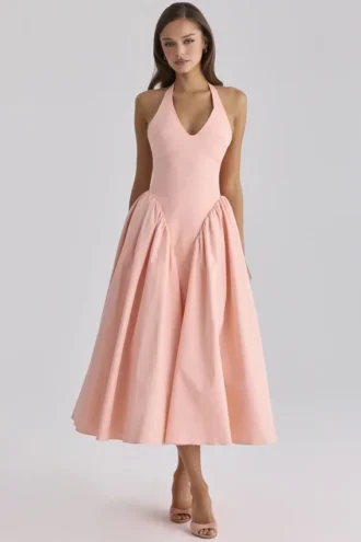 Marilyn Peach Cotton Halter Neck Midi Sundress Marilyn Peach Cotton Halter Neck Midi Sundress