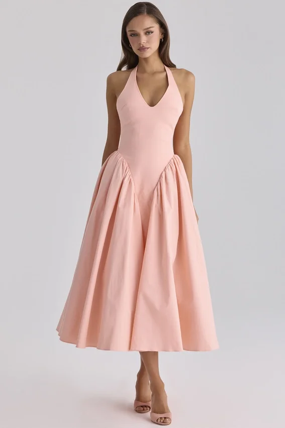 Marilyn Peach Cotton Halter Neck Midi Sundress Marilyn Peach Cotton Halter Neck Midi Sundress