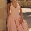 Marilyn Peach Cotton Halter Neck Midi Sundress Marilyn Peach Cotton Halter Neck Midi Sundress