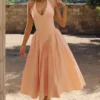 Marilyn Peach Cotton Halter Neck Midi Sundress Marilyn Peach Cotton Halter Neck Midi Sundress