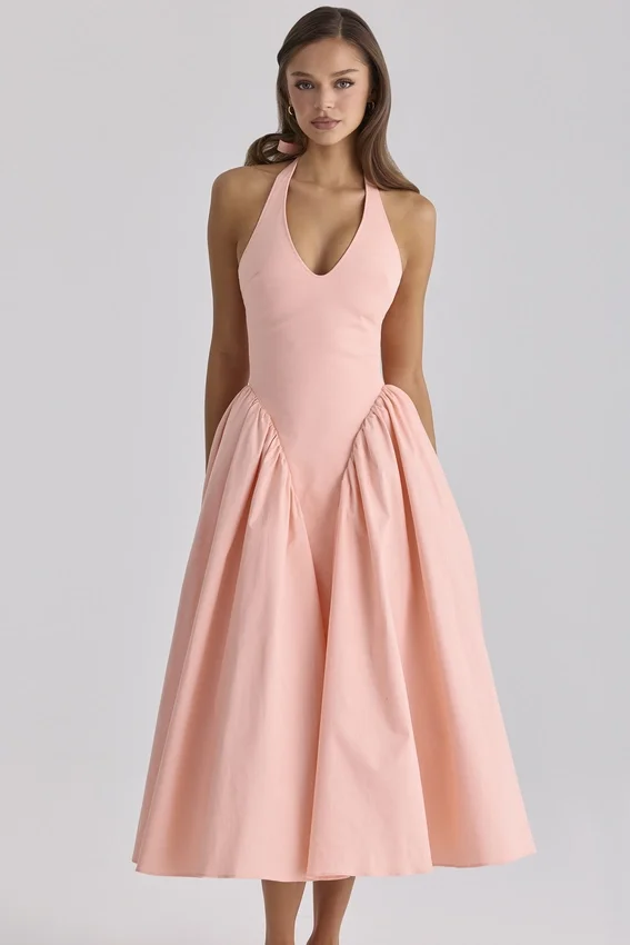 Marilyn Peach Cotton Halter Neck Midi Sundress Marilyn Peach Cotton Halter Neck Midi Sundress