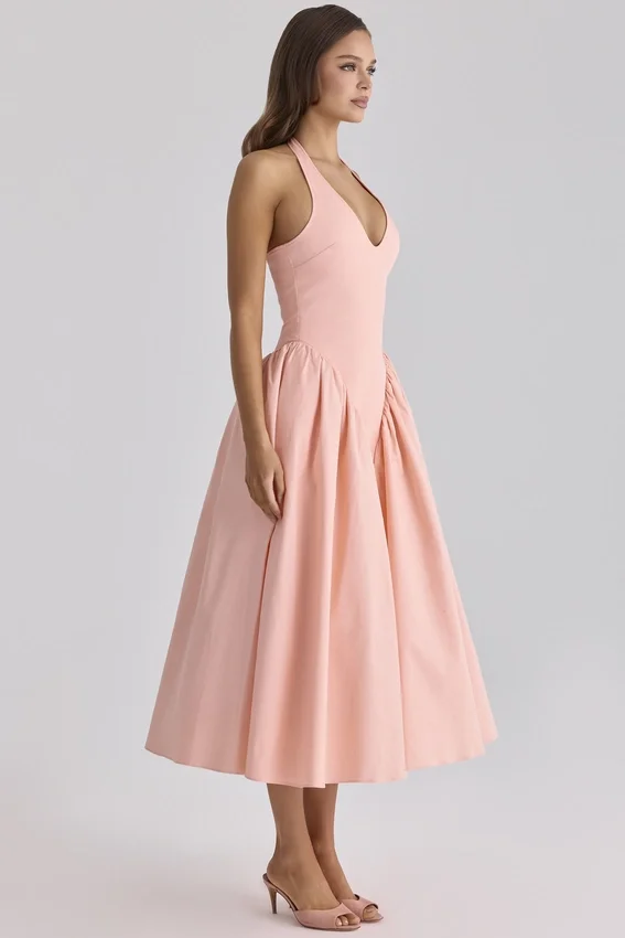 Marilyn Peach Cotton Halter Neck Midi Sundress Marilyn Peach Cotton Halter Neck Midi Sundress