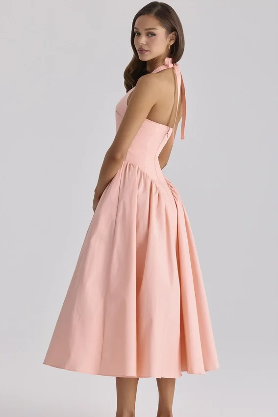Marilyn Peach Cotton Halter Neck Midi Sundress Marilyn Peach Cotton Halter Neck Midi Sundress