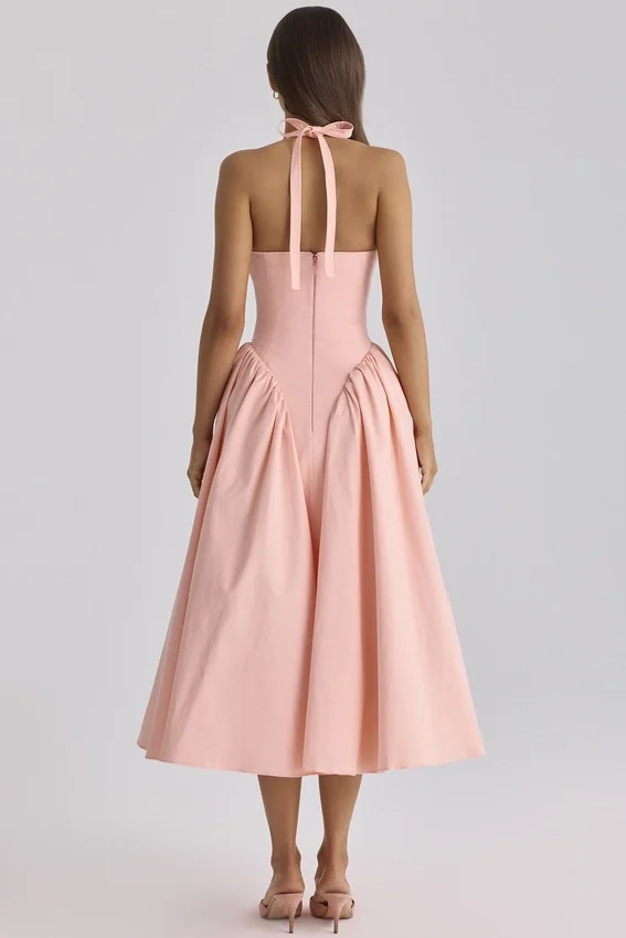 Marilyn Peach Cotton Halter Neck Midi Sundress Marilyn Peach Cotton Halter Neck Midi Sundress