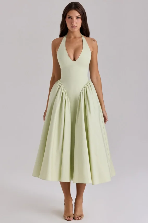Marilyn Pistachio Cotton Halter Midi Sundress Marilyn Pistachio Cotton Halter Midi Sundress