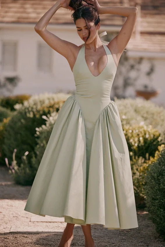 Marilyn Pistachio Cotton Halter Midi Sundress Marilyn Pistachio Cotton Halter Midi Sundress