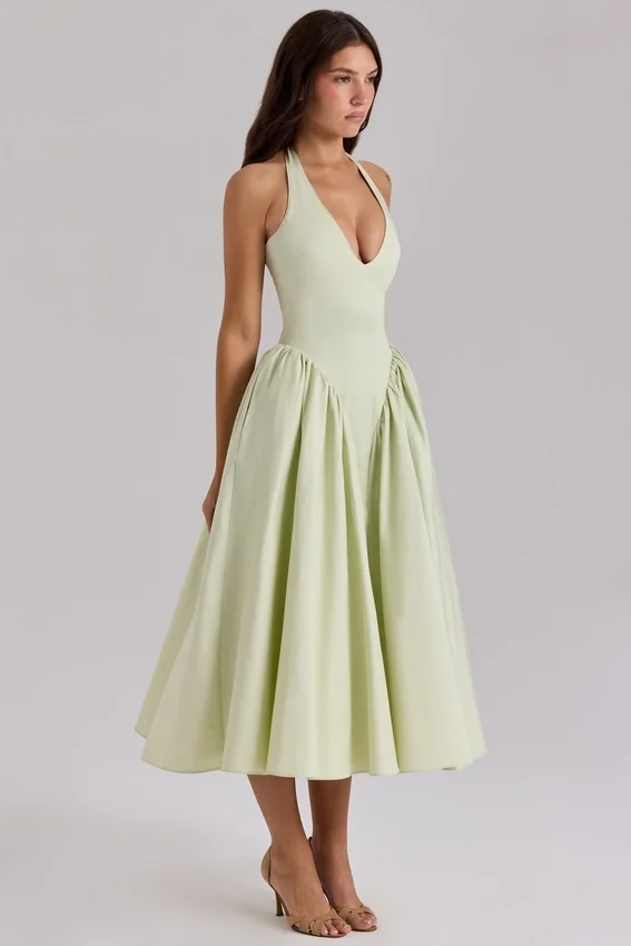 Marilyn Pistachio Cotton Halter Midi Sundress Marilyn Pistachio Cotton Halter Midi Sundress