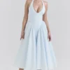 Marilyn Soft Blue Cotton Twill Halter Midi Sundress Marilyn Soft Blue Cotton Twill Halter Midi Sundress