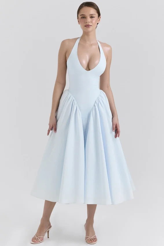 Marilyn Soft Blue Cotton Twill Halter Midi Sundress Marilyn Soft Blue Cotton Twill Halter Midi Sundress