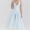 Marilyn Soft Blue Cotton Twill Halter Midi Sundress Marilyn Soft Blue Cotton Twill Halter Midi Sundress