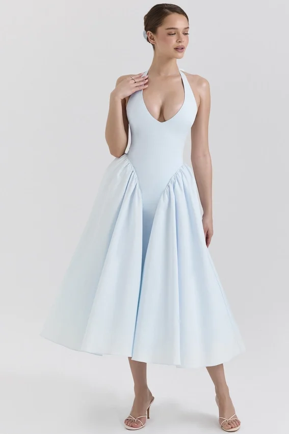 Marilyn Soft Blue Cotton Twill Halter Midi Sundress Marilyn Soft Blue Cotton Twill Halter Midi Sundress