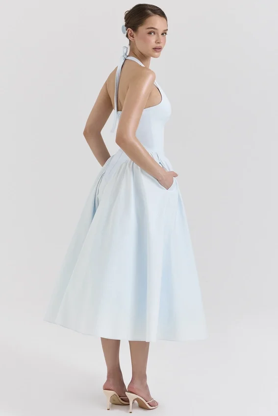Marilyn Soft Blue Cotton Twill Halter Midi Sundress Marilyn Soft Blue Cotton Twill Halter Midi Sundress