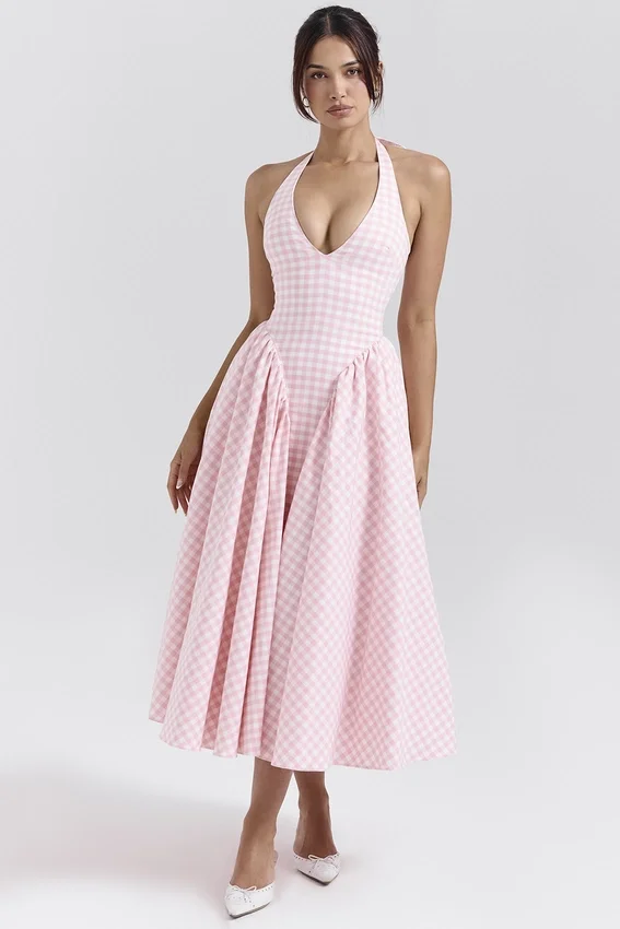 Marilyn Strawberry Shortcake Gingham Halter Midi Sundress Marilyn Strawberry Shortcake Gingham Halter Midi Sundress
