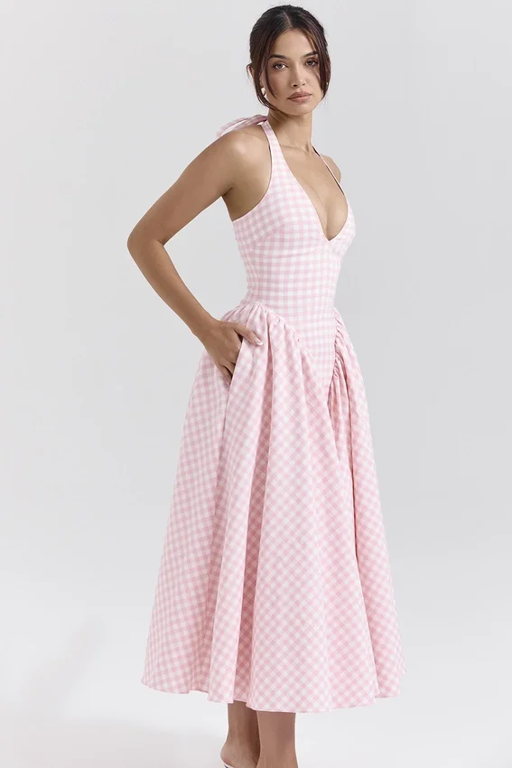 Marilyn Strawberry Shortcake Gingham Halter Midi Sundress Marilyn Strawberry Shortcake Gingham Halter Midi Sundress