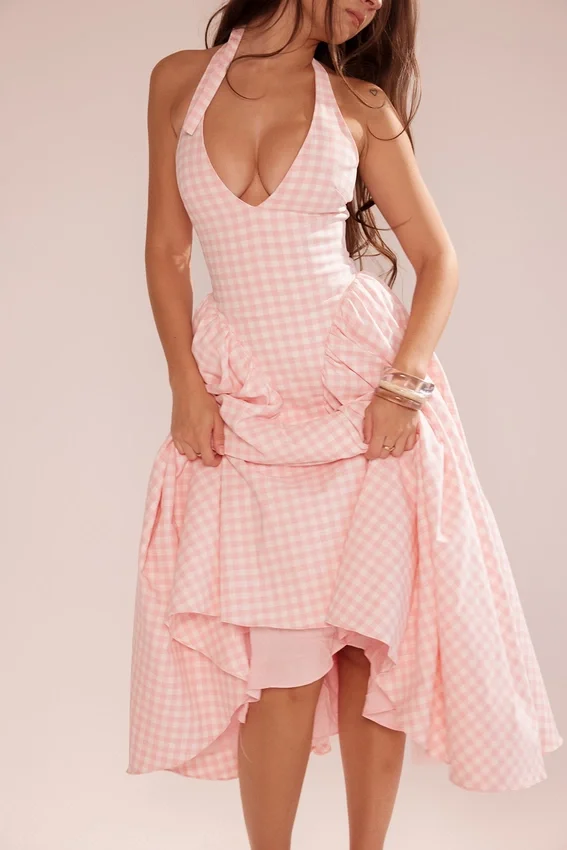 Marilyn Strawberry Shortcake Gingham Halter Midi Sundress Marilyn Strawberry Shortcake Gingham Halter Midi Sundress