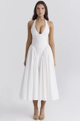Marilyn White Cotton Halter Midi Sundress