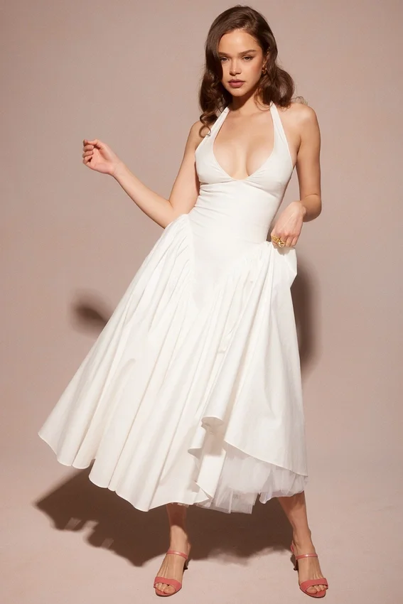 Marilyn White Cotton Halter Midi Sundress Marilyn White Cotton Halter Midi Sundress