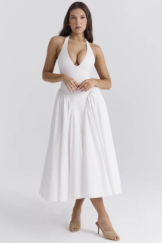 Marilyn White Cotton Halter Midi Sundress Marilyn White Cotton Halter Midi Sundress