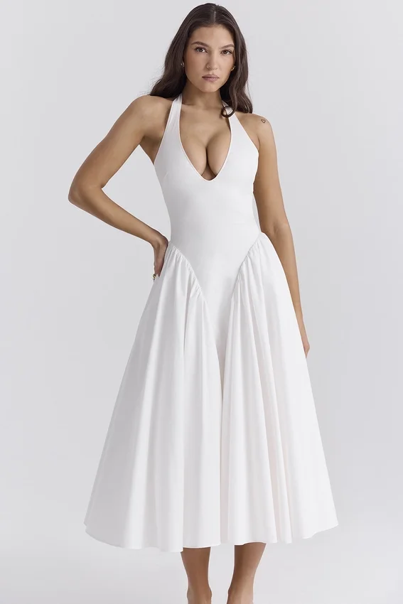 Marilyn White Cotton Halter Midi Sundress Marilyn White Cotton Halter Midi Sundress