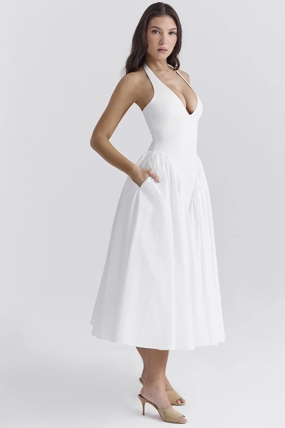 Marilyn White Cotton Halter Midi Sundress Marilyn White Cotton Halter Midi Sundress